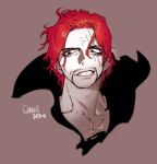  1boy brown_background character_name facial_hair goatee grin hair_between_eyes male_focus one_piece pigeon666 red_hair sanpaku scar scar_across_eye shanks short_hair signature simple_background smile solo stubble 