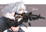  1girl animal_ears bare_shoulders black_gloves blush breasts fatkewell fur_trim gloves grey_eyes gun h&amp;k_mp5 holding holding_gun holding_weapon hololive jacket jewelry lion_ears long_hair midriff navel necklace shishiro_botan silver_hair skirt smile solo submachine_gun virtual_youtuber weapon 