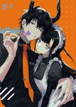  +_+ 1boy 1girl apron bangs biting black_hair black_shirt blonde_hair blue_eyes blunt_bangs breasts broken_horn candy closed_mouth collared_shirt cross demon_horns food hair_between_eyes hair_ornament hand_on_another&#039;s_hip heterochromia holding holding_candy holding_food holding_lollipop horns leaning_on_person lollipop long_hair long_sleeves looking_at_viewer maid maid_apron maid_headdress multicolored_hair namakawa necktie orange_background orange_neckwear original puffy_sleeves shirt short_hair sidelocks small_breasts smile streaked_hair symbol-shaped_pupils teeth upper_body very_short_hair yellow_eyes 