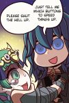  2girls :d blue_eyes byleth_(fire_emblem) byleth_(fire_emblem)_(female) clothing_cutout english_text fire_emblem fire_emblem:_three_houses grabbing green_eyes green_hair highres multiple_girls navel navel_cutout open_mouth riyo_(lyomsnpmp)_(style) shaded_face smile sothis_(fire_emblem) speech_bubble tearing_up will_(willanator93) 