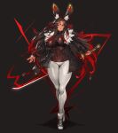  1girl animal_ear_fluff animal_ears bangs blue_eyes breasts brown_hair bunny_ears closed_mouth commentary covered_collarbone covered_navel dark_skin fingernails fur_trim gradient gradient_hair gurimjang highres holding holding_sword holding_weapon jacket katana large_breasts lips long_hair long_sleeves looking_at_viewer multicolored_hair nail_polish open_clothes open_jacket original pants red_hair reverse_grip shadow shiny shiny_clothes shiny_hair shoes simple_background skin_tight sneakers solo standing sword two-tone_hair weapon white_pants 