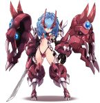  1girl alfimi blue_hair fangs highres holding holding_sword holding_weapon horn_ornament horns karukan_(monjya) katana mecha mecha_musume original red_eyes solo stomach super_robot_wars super_robot_wars_original_generation sword weapon white_background 