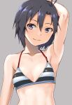  1girl antenna_hair arm_up armpits bangs bare_arms bare_shoulders bikini black_hair breasts close-up closed_mouth collarbone commentary_request eyebrows_visible_through_hair grey_background hair_between_eyes hashi idolmaster idolmaster_(classic) kikuchi_makoto looking_at_viewer midriff purple_eyes short_hair simple_background small_breasts smile solo striped striped_bikini swimsuit toned upper_body 