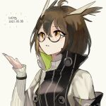  1girl ahoge arknights armband asymmetrical_clothes black_jacket brown_hair commentary dated feather_hair glasses hair_between_eyes hand_up happy_birthday jacket owl_ears portrait rhine_lab_logo semi-rimless_eyewear shimasato short_hair silence_(arknights) simple_background solo under-rim_eyewear white_background white_jacket yellow_eyes 
