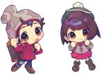  1boy 1girl :o backpack bag bangs beanie blush bob_cut boots brown_bag brown_eyes brown_footwear brown_hair buttons cable_knit cardigan chibi closed_mouth collared_dress commentary_request denim dress gloria_(pokemon) green_headwear green_legwear grey_cardigan grey_headwear hands_up hat jeans looking_at_viewer open_mouth pants pink_dress plaid plaid_legwear pokemon pokemon_(game) pokemon_swsh red_shirt shirt shoes short_hair sleeves_rolled_up smile socks suitcase swept_bangs tam_o&#039;_shanter torn_clothes torn_jeans torn_pants victor_(pokemon) yamunashi 