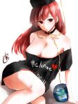  1girl bare_legs barefoot black_shirt breasts chain clothes_writing earth_(ornament) gold_chain grin hecatia_lapislazuli highres kakuteru_sudachi large_breasts moon_(ornament) neck_ruff off-shoulder_shirt off_shoulder one-hour_drawing_challenge polos_crown red_eyes red_hair shirt smile touhou 