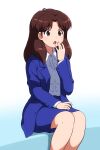  1girl :o bangs blue_jacket blue_skirt brown_eyes brown_hair collared_shirt commentary_request copyright_request dress_shirt eyebrows_visible_through_hair feet_out_of_frame formal hand_up highres jacket long_hair long_sleeves looking_away open_clothes open_jacket open_mouth parted_bangs shirosato shirt skirt skirt_suit solo suit white_background white_shirt 