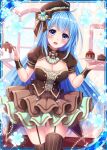  1girl :d blue_eyes blue_hair blue_heart breasts brown_dress brown_ribbon cake collaboration dress falkyrie_no_monshou flower food frilled_skirt frills hat heart holding holding_plate holding_teapot indoors looking_at_viewer medium_breasts official_art open_mouth plate ribbed_hat ribbon shinkai_no_valkyrie skirt smile stardrop striped striped_legwear teapot thighhighs valentine window 