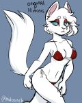  2021 animal_humanoid anthro bedroom_eyes big_breasts bikini bikini_bottom bikini_thong bikini_top blue_eyes bottomwear breasts cat_tail claws clothed clothing colored curvy_figure digital_drawing_(artwork) digital_media_(artwork) dipstick_tail domestic_cat english_text eyebrows eyelashes eyeshadow felid feline felis female fingers fur hair half-closed_eyes hi_res humanoid light lighting looking_at_viewer makeup mammal mammal_humanoid mitosis_(character) mitosischan multicolored_tail narrowed_eyes navel nipple_outline nipples open_mouth pink_nose portrait pupils red_clothing seductive shaded signature simple_background skimpy slit_pupils solo spanish_text swimwear teeth text topwear white_body white_fur white_hair wide_hips 