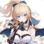  1girl bangs bare_shoulders black_gloves blonde_hair blue_bow blue_capelet blue_eyes blush bow breasts capelet chinese_commentary cleavage commentary_request cross cross_earrings detached_collar detached_sleeves earrings eyebrows_visible_through_hair flower genshin_impact gloves hair_bow hand_up highres jean_gunnhildr jewelry long_hair looking_at_viewer medium_breasts parted_lips ponytail solo strapless tubetop upper_body white_background white_flower xiao_xiao_chuan 
