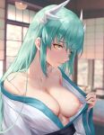  breasts chihunhentai fate/grand_order horns japanese_clothes kiyohime_(fate/grand_order) nipples nopan open_shirt undressing wet 