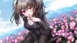  bicolored_eyes brown_hair flowers misyune pantyhose purple_eyes red_eyes school_uniform twintails 