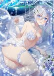  1girl angel angel_wings ass bare_shoulders blue_eyes blue_flower blue_hair blue_rose breasts bridal_gauntlets bridal_veil collaboration cross cross_necklace dress falkyrie_no_monshou floral_print flower jewelry looking_at_viewer medium_breasts musse_(falkyrie_no_monshou) necklace night night_sky ocean official_art open_mouth rose shinkai_no_valkyrie short_hair sky thighhighs veil wedding_dress wings 