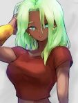  1girl aqua_eyes breasts dark-skinned_female dark_skin dragon_ball dragon_ball_super earrings green_hair hair_between_eyes jewelry kale_(dragon_ball) kemachiku legendary_super_saiyan looking_to_the_side medium_breasts red_shirt shirt short_sleeves solo super_saiyan upper_body 