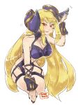  1girl alternate_eye_color artist_name bare_hips bare_shoulders black_nails blonde_hair bracelet breasts chelle_(dragalia_lost) cleavage corruption cosplay cygames dark_persona dragalia_lost dragalialust evil evil_grin evil_smile grin jewelry long_hair looking_at_viewer morsayati nail_polish nintendo possessed smile solo thighs white_background zethia zethia_(cosplay) 