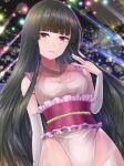  1girl bangs black_hair breasts brown_eyes closed_mouth collarbone covered_navel frills hand_in_hair hime_cut houraisan_kaguya japanese_clothes large_breasts leotard long_hair looking_at_viewer pink_robe purple_eyes revealing_clothes sash smile solo tatami touhou touhou_tag_dream very_long_hair wrestling_outfit y2 