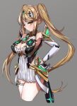  alternate_hairstyle bangs bare_legs bare_shoulders blonde_hair breasts chest_jewel cleavage cleavage_cutout clothing_cutout dress earrings elbow_gloves gloves highres jewelry large_breasts long_hair mythra_(xenoblade) nakazou2000 short_dress swept_bangs thigh_strap tiara twintails very_long_hair white_dress white_gloves xenoblade_chronicles_(series) xenoblade_chronicles_2 yellow_eyes 