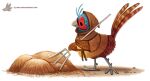  2016 anthro avian bird blue_body blue_feathers bottomless brown_body brown_feathers clothed clothing common_pheasant cryptid-creations feathered_wings feathers galliform grey_body hay hood humor male phasianid phasianus pun rake red_body red_feathers simple_background solo text tools url visual_pun white_background wings 