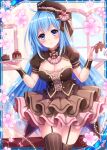  1girl blue_eyes blue_hair breasts brown_dress brown_ribbon cake collaboration dress falkyrie_no_monshou flower food frilled_skirt frills hat heart holding holding_plate holding_teapot indoors looking_at_viewer medium_breasts official_art plate ribbed_hat ribbon shinkai_no_valkyrie skirt smile stardrop striped striped_legwear teapot thighhighs valentine window 