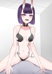  1girl absurdres bangs bare_shoulders bob_cut breasts collarbone eyeliner fangs fate/grand_order fate_(series) girl_on_top highres horns lingwuye looking_at_viewer makeup navel oni oni_horns open_mouth purple_eyes purple_hair revealing_clothes short_hair shuten_douji_(fate) skin-covered_horns small_breasts smile straddling thighs 