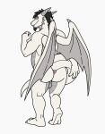  absurd_res anthro anus backsack balls black_hair butt dragon facial_hair genitals goatee hair hi_res horn looking_back male nude orange_eyes rear_view sharkiedude simple_background solo standing white_background white_body wings 