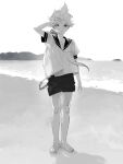  1boy backlighting barefoot bass_clef beach belt collared_shirt commentary full_body greyscale hand_up kagamine_len looking_at_viewer male_focus monochrome mountainous_horizon naoko_(naonocoto) necktie ocean outdoors sailor_collar shadow shirt short_sleeves shorts silhouette solo spiked_hair standing vocaloid 