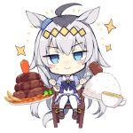  &gt;:) 1girl absurdres ahoge animal_ears bangs black_hair blue_eyes blue_shirt blush_stickers brown_footwear carrot chair closed_mouth commentary_request cup eyebrows_visible_through_hair food fork frilled_skirt frills full_body grey_hair hair_between_eyes highres holding holding_fork holding_knife horse_ears horse_girl horse_tail knife loafers long_hair looking_at_viewer multicolored_hair nibiiro_shizuka oguri_cap_(umamusume) on_chair plate pleated_skirt puffy_short_sleeves puffy_sleeves rice school_uniform shirt shoes short_sleeves simple_background sitting skirt smile solo sparkle tail thighhighs tracen_school_uniform two-tone_hair umamusume v-shaped_eyebrows very_long_hair white_background white_legwear white_skirt 