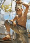  1boy abs absurdres barefoot beitemian commentary dagger feet highres knife male_focus original outdoors pirate sanpaku solo toes topless_male weapon 