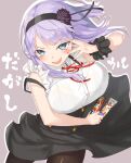  1girl :d black_skirt blue_eyes blush breasts brown_legwear buttons candy cowboy_shot dagashi_kashi double-breasted floating_hair flower food hair_flower hair_ornament hairband high-waist_skirt highres holding holding_candy holding_food jonsun large_breasts long_hair looking_at_viewer neck_ribbon open_mouth outline pantyhose purple_hair red_neckwear red_ribbon ribbon round_teeth shidare_hotaru skirt smile solo strap_slip suspender_skirt suspenders teeth white_outline 