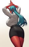  1girl black_skirt blue_hair breasts cinko colored_skin english_commentary floating_hair from_behind glasses gradient gradient_background hair_behind_ear highres horns huge_breasts licking_lips long_hair looking_back office_lady oni oni_horns original pencil_skirt pointy_ears red_skin reward_available shirt shirt_tucked_in skirt smile solo tongue tongue_out white_shirt 