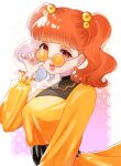  1girl absurdres amagi_ru bangs breasts dress earrings eyeshadow food freckles fruit glasses hair_behind_ear hair_ornament highres jewelry makeup medium_breasts nail_polish orange_(food) orange_dress orange_eyeshadow orange_hair orange_nails orange_slice orange_theme original red_eyes round_eyewear solo twintails 