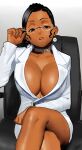  1girl arung_samudra_(cessa) black_eyes black_hair breasts cessa cleavage coat crossed_legs dark-skinned_female dark_skin earrings feet_out_of_frame glasses hand_up huge_breasts jewelry long_sleeves looking_at_viewer no_bra ombok_diving_and_delivery_services parted_lips red_nails sitting solo white_coat 