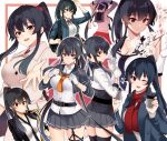  1girl anchor_symbol belt belt_buckle black_belt black_hair black_legwear black_neckwear black_sailor_collar blush breasts buckle cleavage closed_mouth collarbone cup eyebrows_visible_through_hair gloves grey_skirt hair_between_eyes holding holding_cup ichinomiya_(blantte) kantai_collection long_hair multiple_views necktie one_eye_closed open_mouth orange_neckwear pleated_skirt ponytail red_eyes red_skirt remodel_(kantai_collection) sailor_collar school_uniform serafuku skirt thighhighs white_gloves yahagi_(kancolle) 