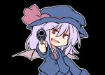  1girl 216 alternate_costume bat_wings blue_headwear blue_jacket blue_skirt bow collared_shirt formal frills gun hat hat_ribbon jacket light_purple_hair long_sleeves mob_cap necktie red_bow red_neckwear red_ribbon remilia_scarlet revolver ribbon shirt short_hair skirt suit suit_jacket touhou weapon white_shirt wings 