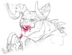  ambiguous_gender bethesda_softworks big_claws claws curved_horn deathclaw endivinity fallout horn lipstick makeup selective_coloring simple_background sketch smile tongue tongue_out video_games watermark white_background 