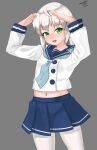  1girl bangs blonde_hair blue_neckwear blue_skirt cosplay cowboy_shot dated etorofu_(kancolle) etorofu_(kancolle)_(cosplay) fur-trimmed_sleeves fur_trim green_eyes grey_background highres kantai_collection long_sleeves looking_at_viewer maru_(marg0613) messy_hair neckerchief one-hour_drawing_challenge pantyhose pleated_skirt school_uniform serafuku shading_eyes shimushu_(kancolle) shimushu_pose short_hair simple_background skirt smile solo standing tareme white_legwear 