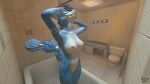  3d_(artwork) absurd_res anthro areola barely_visible_genitalia barely_visible_pussy bath bathing bathroom big_breasts blue_body breasts canid canine canis curvy_figure detailed_background digital_media_(artwork) eyes_closed female fog fox genitals hair hi_res humanoid jackiey krystal mammal nintendo nipples nude pussy shower smile solo source_filmmaker star_fox steam video_games water wet 