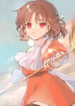  1girl absurdres bangs brown_hair cloud half_updo highres holding holding_wand huge_filesize jewelry long_sleeves looking_ahead necklace omodaka_romu open_mouth original red_eyes red_shirt red_skirt scarf shirt short_hair skirt skirt_set sky tied_hair upper_body waist_bow wand 