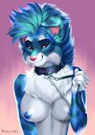  anthro behemoth89 blue_hair breasts canid canine canis collar domestic_dog female hair hi_res leash leash_pull looking_at_viewer mammal pet petplay red_eyes roleplay solo 