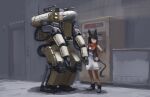  1girl animal_ears artist_name black_eyes black_footwear black_hair breasts commentary_request dress grey_vest hand_on_hip highres hozumi_sousei looking_to_the_side mecha medium_breasts original red_scarf scarf science_fiction tail vending_machine vest white_dress 