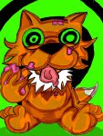  3:4 anthro canid canine cupcake eyewear food fox fur fur_tuft green_background green_eyes hi_res hypnosis jay_(jaythefox333) jaythefox333 male mammal mind_control orange_body orange_fur short_stack simple_background sitting smile solo tongue tongue_out tuft white_body white_fur 