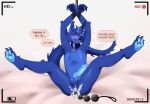  4_toes 5_fingers anal anal_beads anal_penetration animal_genitalia animal_penis anthro arms_above_head aura_(gauru) balls bdsm bed big_penis biped blue_body blue_eyes blue_fur blue_hair blue_penis blush bodily_fluids bound camera_view canid canine canine_penis canis chest_tuft cum cum_in_ass cum_inside dialogue digital_media_(artwork) ear_tuft erection feet fingers fur furniture genital_fluids genitals hair hands_above_head hands_tied hybrid knot komodo_dragon lizard male mammal monitor_lizard nude penetration penis recording reptile restrained scalie sex sex_toy sex_toy_in_ass shackles smile solo speech_bubble toes tuft vein veiny_penis watermark wolf wolfmodo worm_glrl 