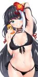  1girl arm_up armpits azur_lane bangs bare_arms bare_shoulders bikini black_bikini black_hair blue_eyes blush breasts commentary cowboy_shot deutschland_(azur_lane) deutschland_(service_time?!)_(azur_lane) eyebrows_visible_through_hair flower front-tie_bikini front-tie_top grin groin hair_flower hair_ornament hand_up hibiscus highres holding irohara long_hair looking_at_viewer manjuu_(azur_lane) medium_breasts mole multicolored_hair navel official_alternate_costume red_flower red_hair revision sharp_teeth side-tie_bikini simple_background smile solo standing stomach streaked_hair swimsuit teeth very_long_hair white_background white_hair 