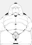  2021 anthro balls belly bodily_fluids clothing flaccid genitals hat headgear headwear hi_res hiroshi_odokawa_(odd_taxi) humanoid_genitalia humanoid_hands humanoid_penis kemono male mammal marine navel odd_taxi overweight overweight_anthro overweight_male penis pinniped shirt sigenoya solo sweat takotyutyu topwear walrus 