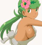  1girl areola_slip areolae bangs breasts closed_mouth covered_nipples dark-skinned_female dark_skin eyebrows_visible_through_hair flower green_eyes green_hair grey_shirt hair_flower hair_ornament large_breasts leaning_forward long_hair looking_at_viewer low_twintails mallow_(pokemon) no_bra pokemon pokemon_(game) pokemon_sm shirt sideboob simple_background sleeveless sleeveless_shirt smile solo swept_bangs tof twintails upper_body white_background 