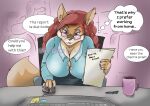  absurd_res alexis_kitsune angry anthro big_breasts breast_size_difference breast_squish breasts busy canid canine chair chubby_female cleavage cleavage_cutout cleavage_overflow clothed clothing dress_shirt female fox furniture hair hi_res looking_at_viewer mammal office office_chair office_lady red_hair shirt slightly_chubby solo squish topwear watermark 