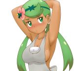  1girl armpits arms_behind_head arms_up bangs blush breasts closed_mouth dark-skinned_female dark_skin flower frown green_eyes green_hair grey_shirt hair_flower hair_ornament large_breasts long_hair looking_at_viewer low_twintails mallow_(pokemon) no_bra pokemon pokemon_(game) pokemon_sm shirt simple_background sleeveless sleeveless_shirt solo swept_bangs tof twintails upper_body white_background 