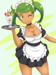  1girl ;) alternate_costume apron bangs black_choker black_dress breasts choker closed_mouth commentary_request cowboy_shot dark_skin dress enmaided food glass green_eyes green_hair holding holding_tray ice_cream looking_at_viewer maid maid_apron maid_headdress mallow_(pokemon) medium_breasts medium_hair one_eye_closed pokemon pokemon_(game) pokemon_sm puffy_short_sleeves puffy_sleeves short_dress short_sleeves smile solo standing sundae swept_bangs tof tray twintails white_apron 