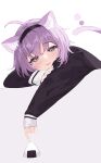  1girl ahoge animal_ears black_hairband black_sweater blush cat_ears cat_girl cat_tail commentary couch food hairband highres holding holding_food hololive hoshi_usagi looking_at_viewer nekomata_okayu on_couch onigiri purple_eyes purple_hair short_hair solo sweater symbol_commentary tail virtual_youtuber white_background 