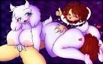  anthro big_breasts blush bodily_fluids boss_monster bovid breasts butt caprine chara_(undertale) chuchodraws duo eyebrows facesitting female female/female fingering fur genital_fluids genitals hair hi_res horn huge_breasts human mammal mature_anthro mature_female nipples nude open_mouth open_smile pussy pussy_juice raised_eyebrow simple_background smile toriel undertale video_games white_body white_fur 